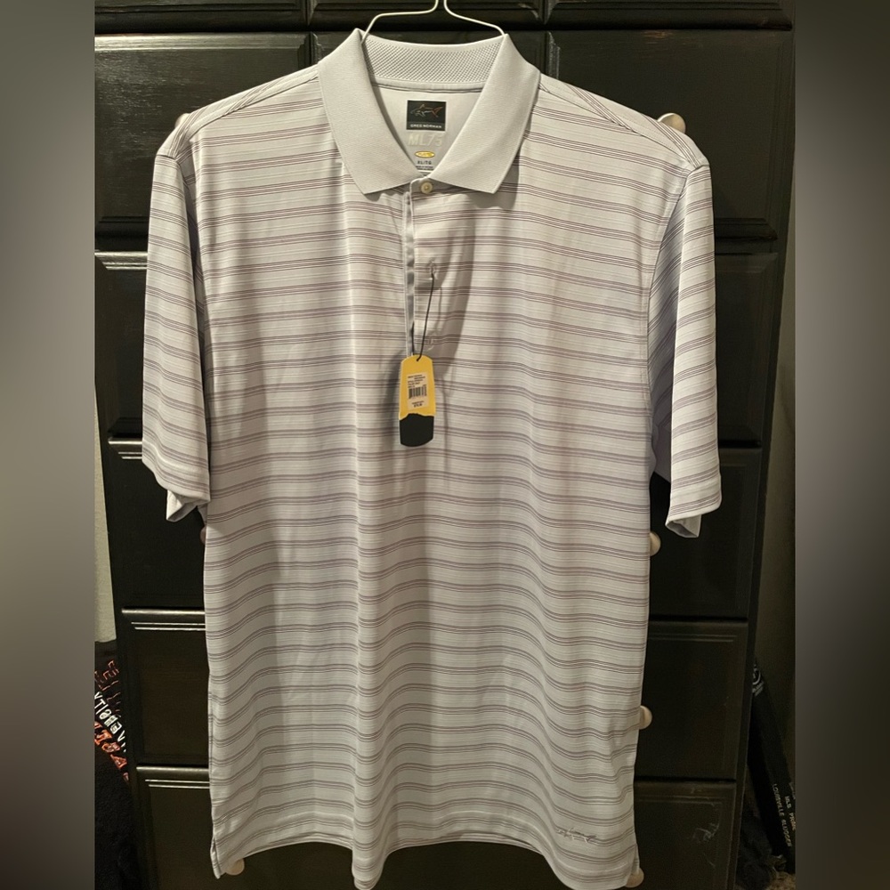 Men’s Greg Norman Gray Polo Shirt - Stripes